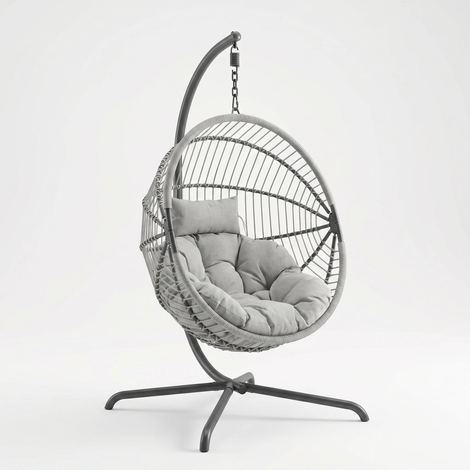 [Grey] Hanging egg chair with cushions on a white background