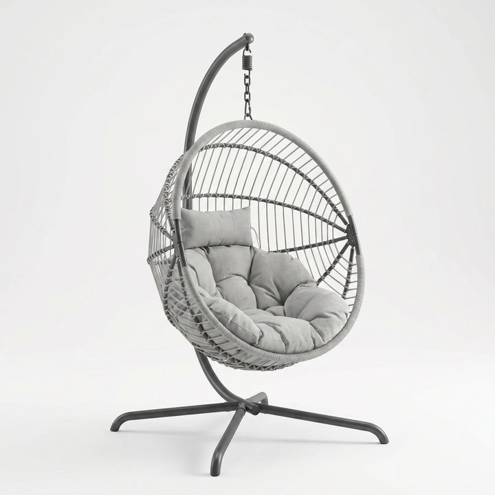 [Grey] Hanging egg chair with cushions on a white background