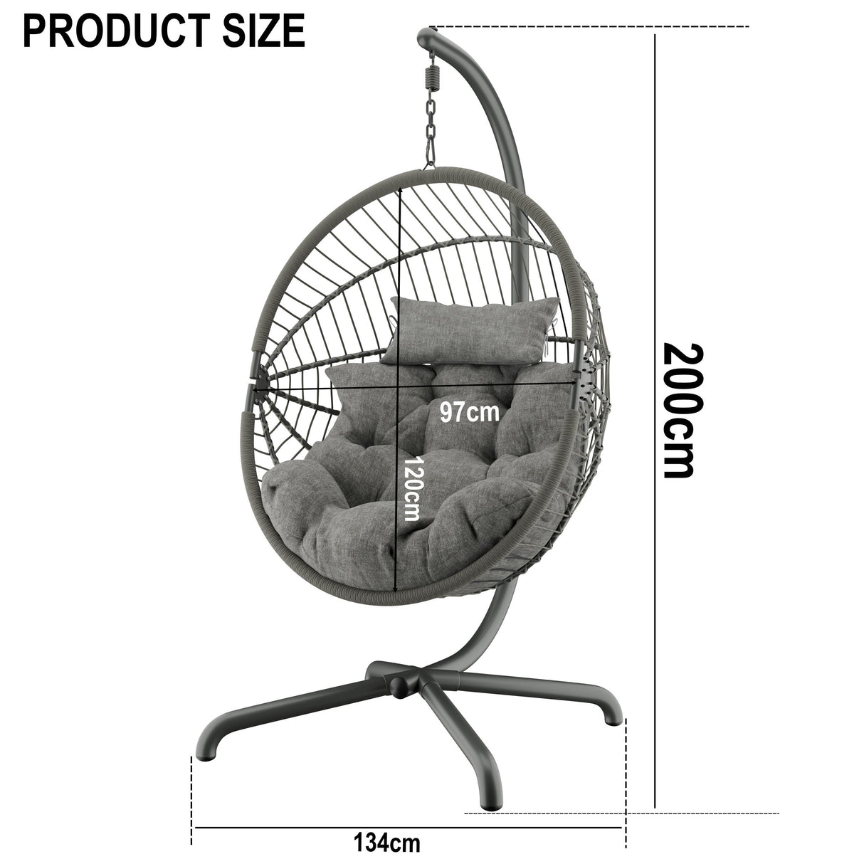 Grey hanging egg chair with cushion, featuring product dimensions for a perfect fit.