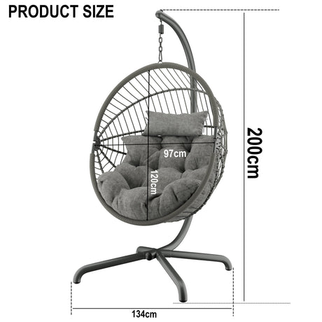 Grey hanging egg chair with cushion, featuring product dimensions for a perfect fit.