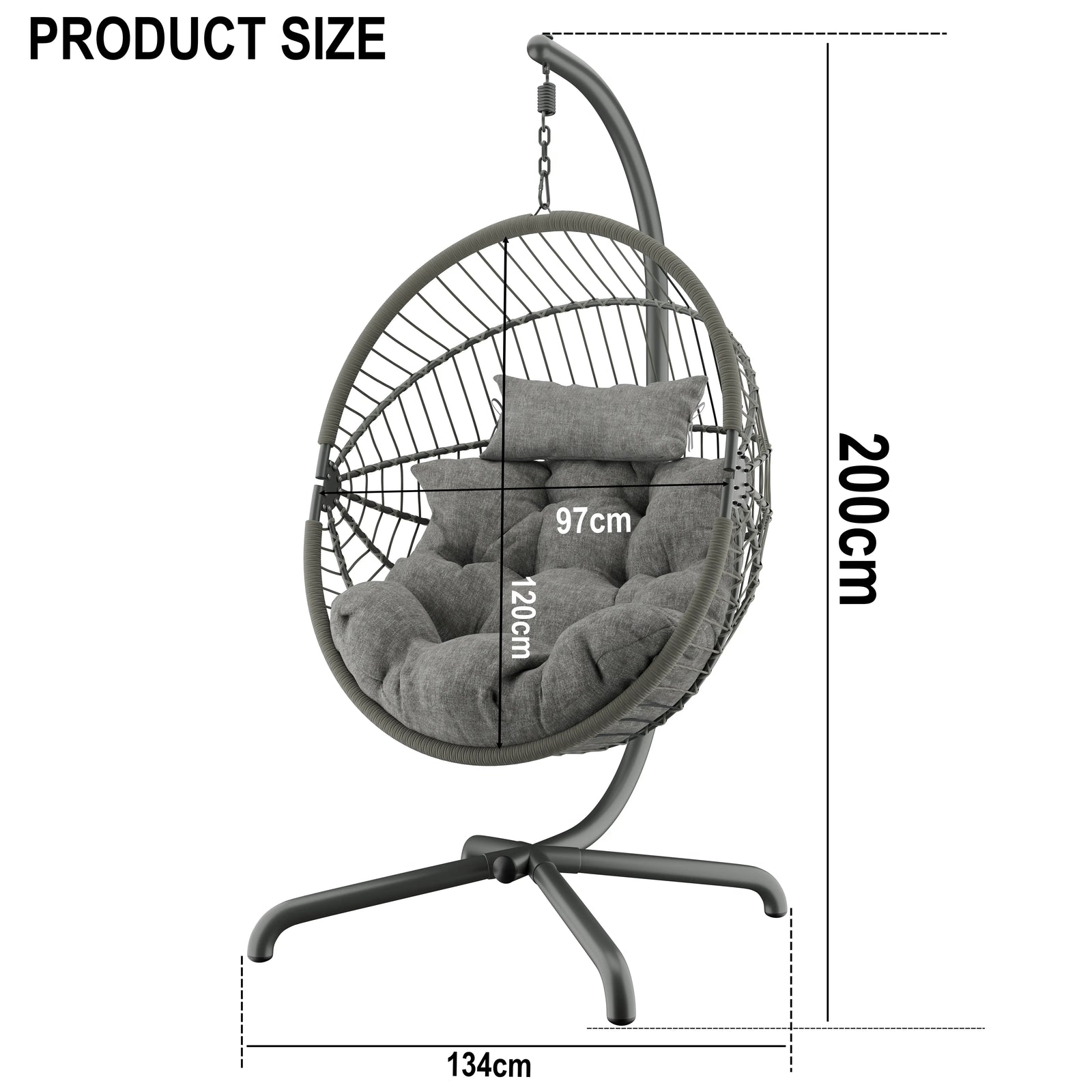 [Grey] Grey hanging egg chair dimensions: 200cm tall, 134cm wide, 97cm seat W, 120cm seat H