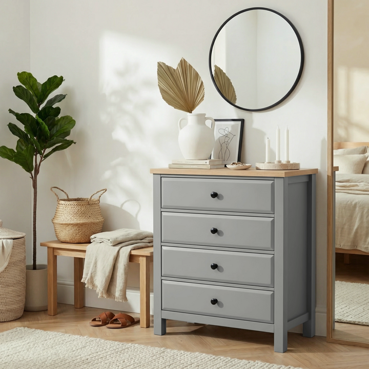 [Grey] Haven 4 drawer chest in a bright airy bedroom with a round mirror, fiddle leaf plant and wicker storage basket