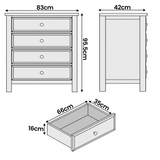 [Grey] Haven 4 drawer chest size diagram showing 83cm width, 95.5cm height, 42cm depth and internal drawer dimensions