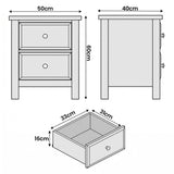 [Grey] Haven bedside table dimension diagram showing 50cm width, 40cm depth, 60cm height and drawer size