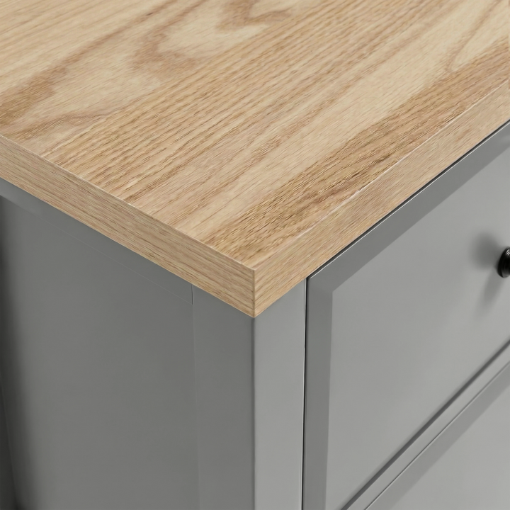 [Grey] Haven close-up of natural oak top showing wood grain texture against light grey painted body