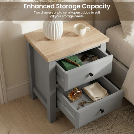 [Grey] Haven bedside table with 2 drawers and open cubby, oak top nightstand for compact bedroom storage