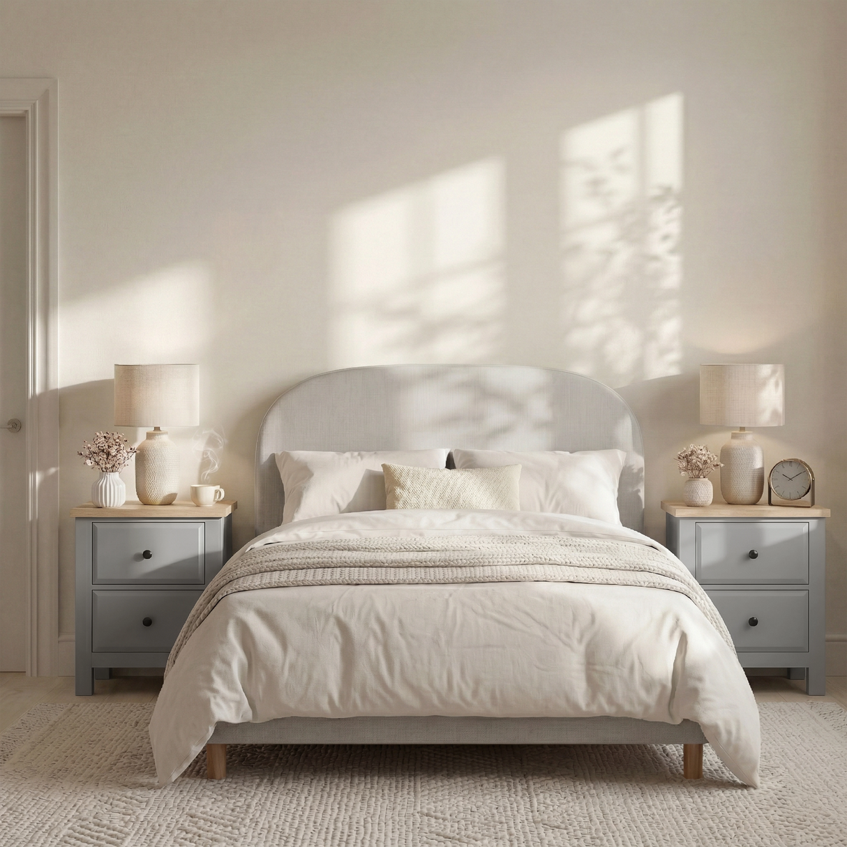 [Grey] Haven bedside tables styled either side of a linen bed in a bright neutral bedroom with lamps