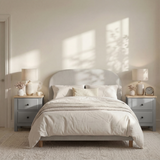 [Grey] Haven bedside tables styled either side of a linen bed in a bright neutral bedroom with lamps