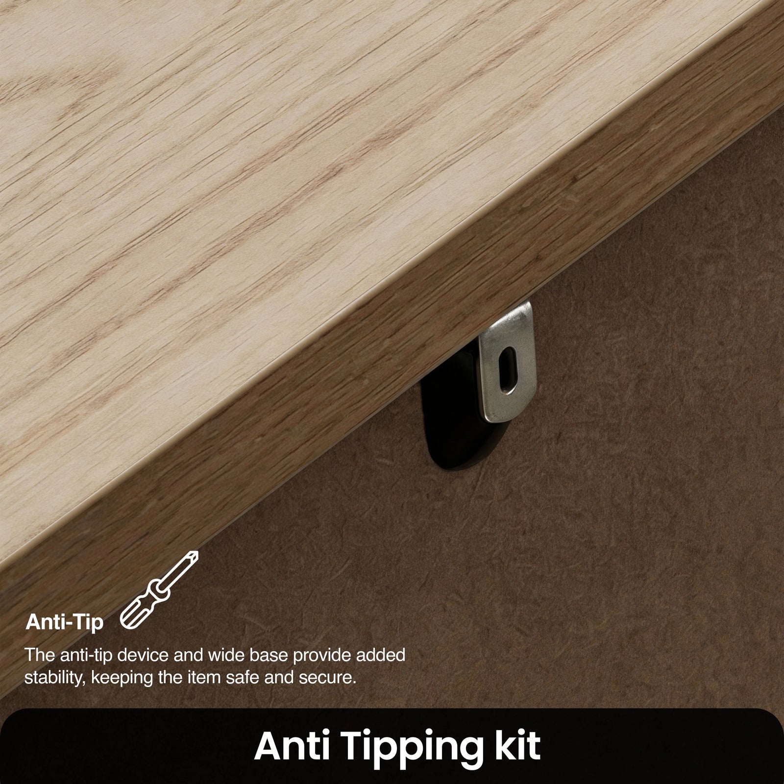 [Grey] Haven anti-tipping kit detail showing wall bracket behind oak-effect top and safety message