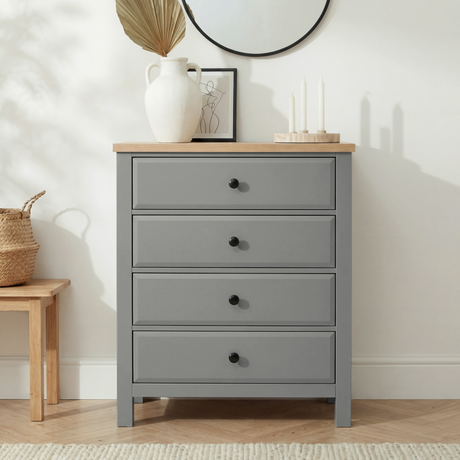 [Grey] Haven chest of drawers in grey oak finish with four deep drawers and polished metal bar handle detailing