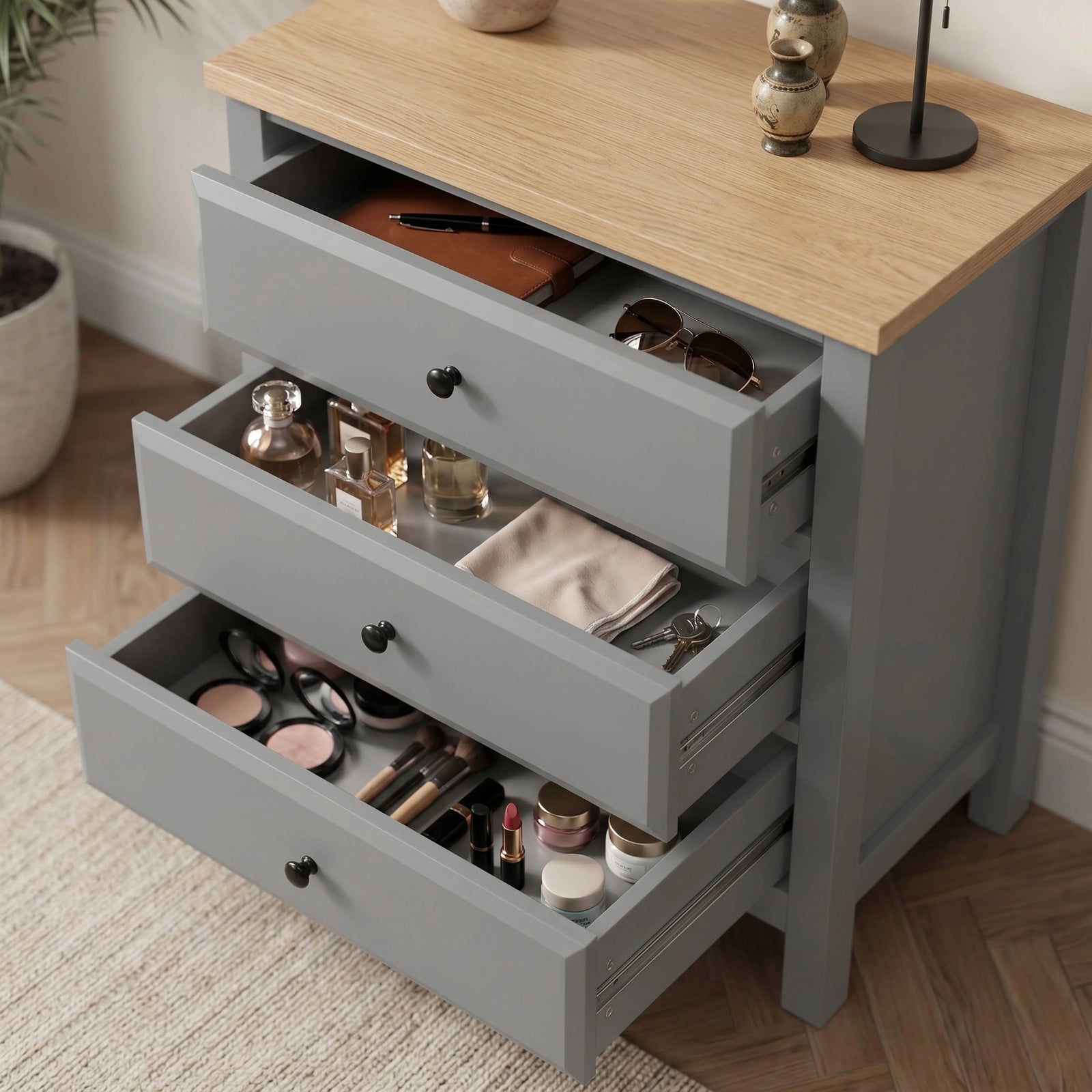 [Grey] Haven three open drawers showing cosmetics, perfume bottles, notebook, sunglasses, keys, and cloth