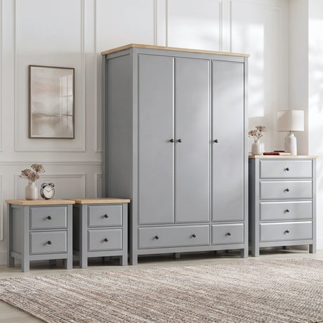 [Grey] Haven four piece bedroom furniture set styled in a contemporary home environment with coordinated bedroom accessories