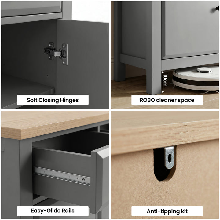 [Grey] Haven Large Black Sideboard with Drawers & Oak Top diagram highlighting four unique features.