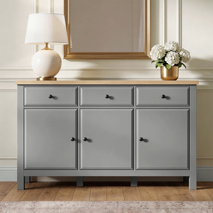 [Grey] Haven Large Black Sideboard with Drawers & Oak Top straight-on view highlighting the grey front.