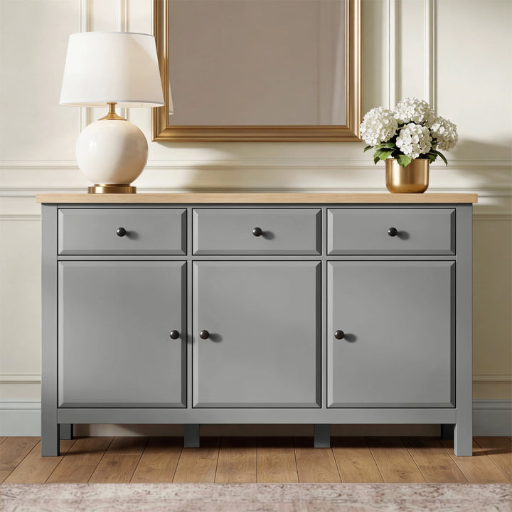[Grey] Haven Large Black Sideboard with Drawers & Oak Top straight-on view highlighting the grey front.