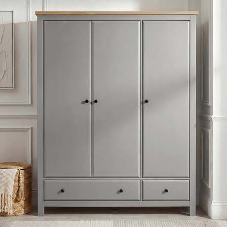 [Grey] Haven three-door wardrobe in grey oak finish with clean panelled doors and sleek metal bar handle detailing