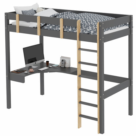 grey high bunk bed with wooden ladder, desk, computer, and office supplies for kids.