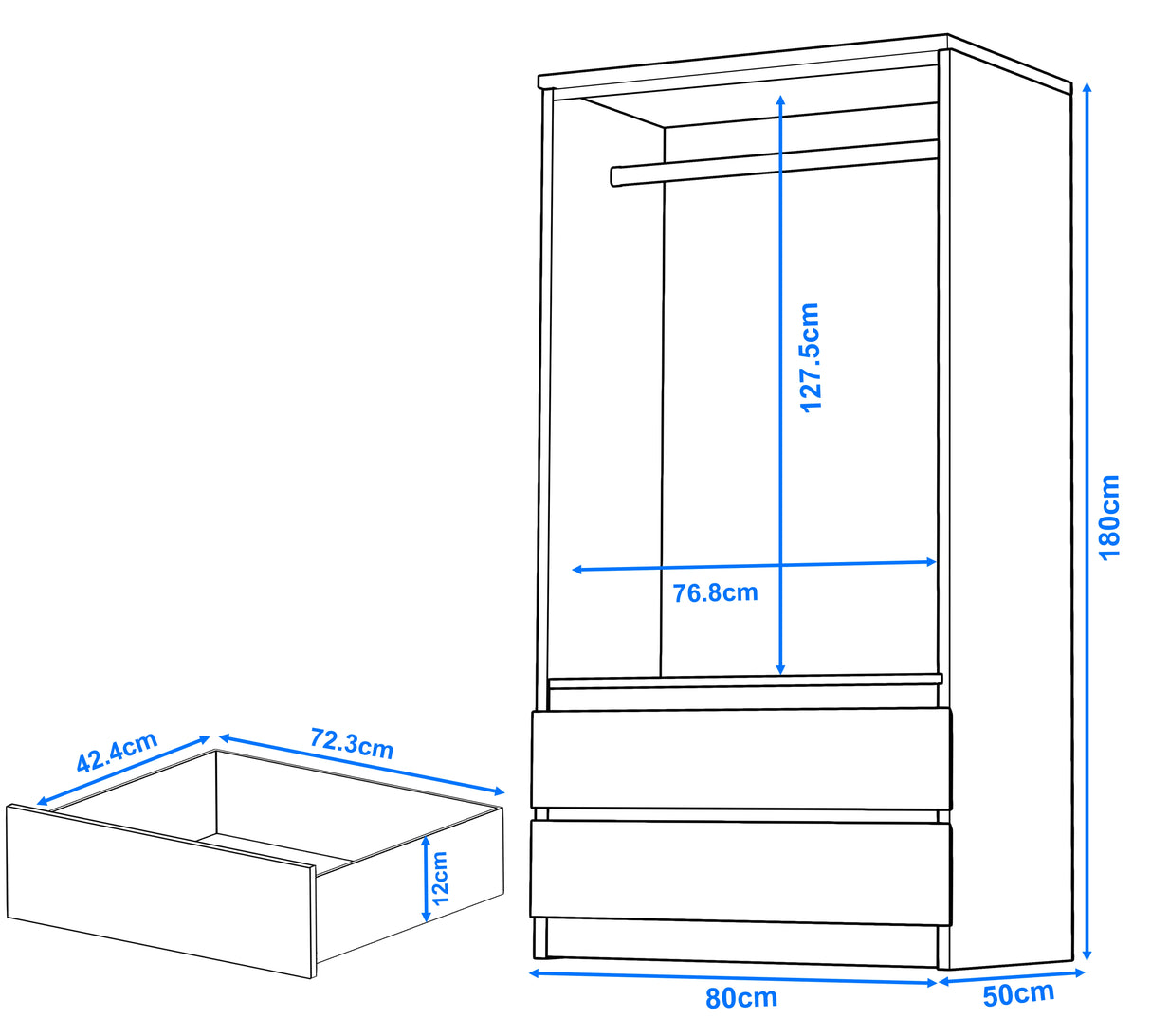 Wardrobe dimensions with drawer and hanging space measurements. Grey high gloss 2 door wardrobe with 127.5cm hanging height.