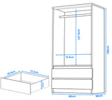 Wardrobe dimensions with drawer and hanging space measurements. Grey high gloss 2 door wardrobe with 127.5cm hanging height.