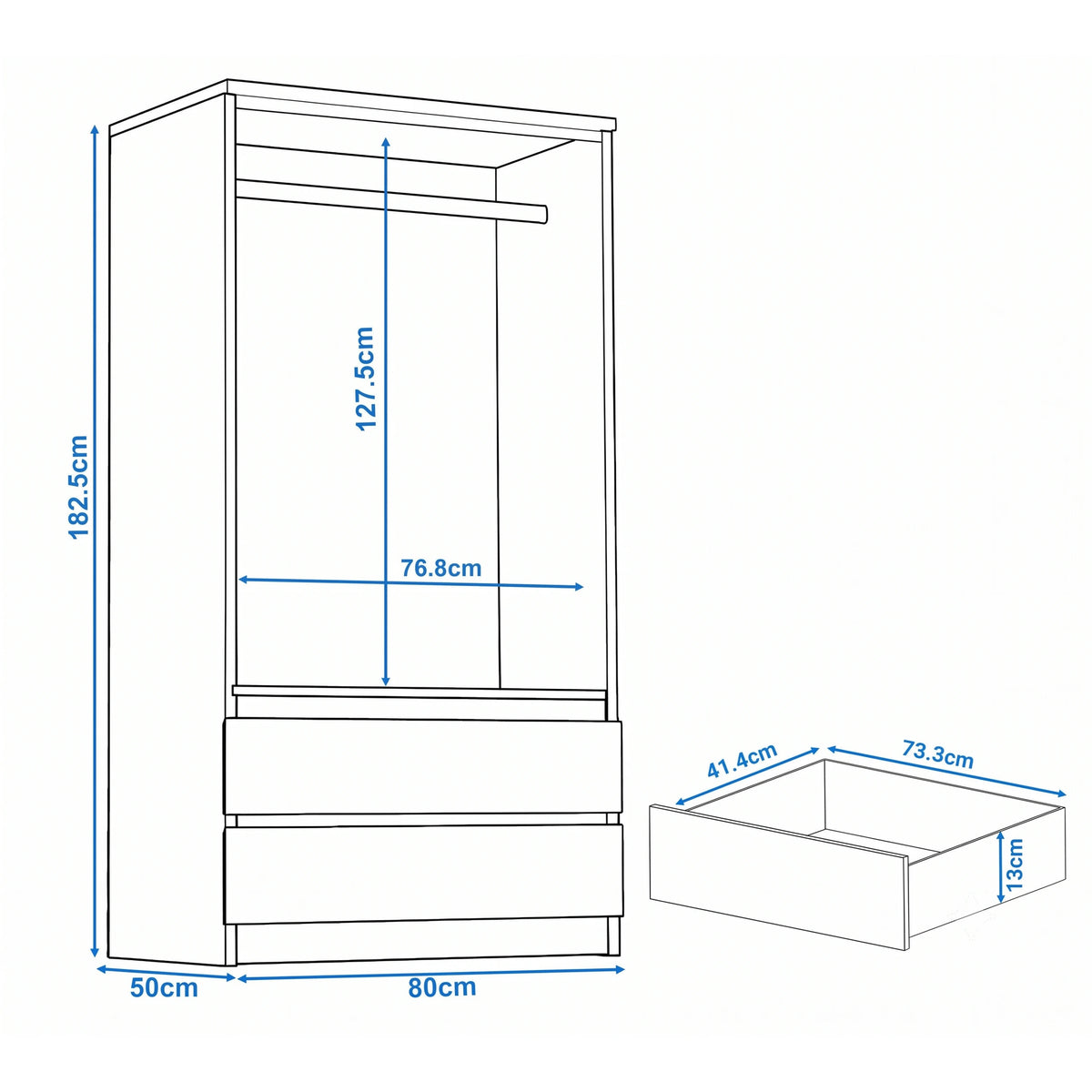 [Grey] 2-door wardrobe size guide: H 182.5 x W 80 x D 50 cm; drawer H 13 x W 73.3 x D 41.4 cm; hanging space H 127.5 x W 76.8 cm.