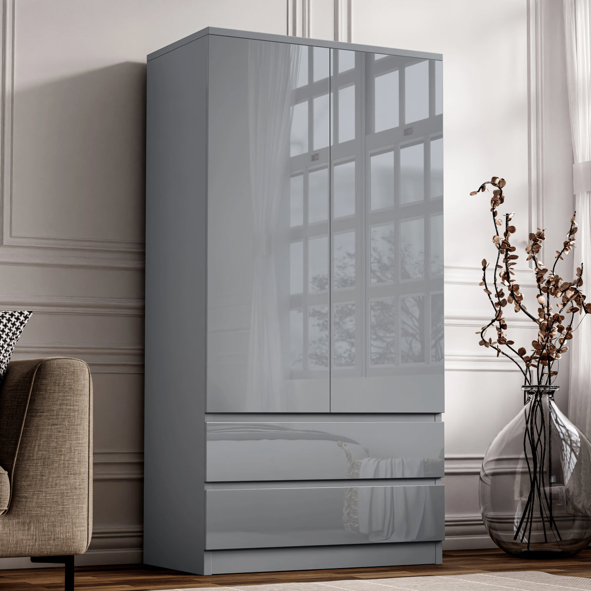 Grey high gloss 2 door wardrobe with drawers and hanging space. Stylish freestanding wardrobe for minimalist bedroom designs.