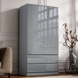 Grey high gloss 2 door wardrobe with drawers and hanging space. Stylish freestanding wardrobe for minimalist bedroom designs.