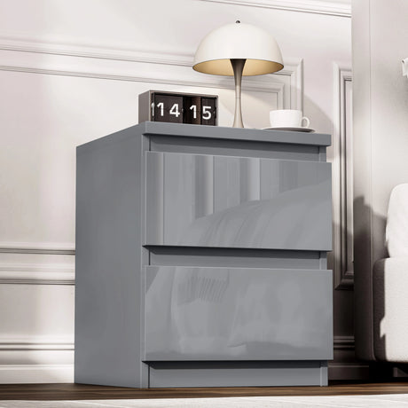 [Grey] high gloss bedside table in bedroom setting with clock and lamp on grey glossy top surface