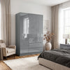 [Grey] High gloss 3 door wardrobe with drawers in grey featuring handleless push-open doors and two bottom drawers in a modern room