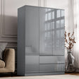 High gloss 3 door grey wardrobe with drawers and shelves, featuring a modern, minimalist design for contemporary bedrooms.