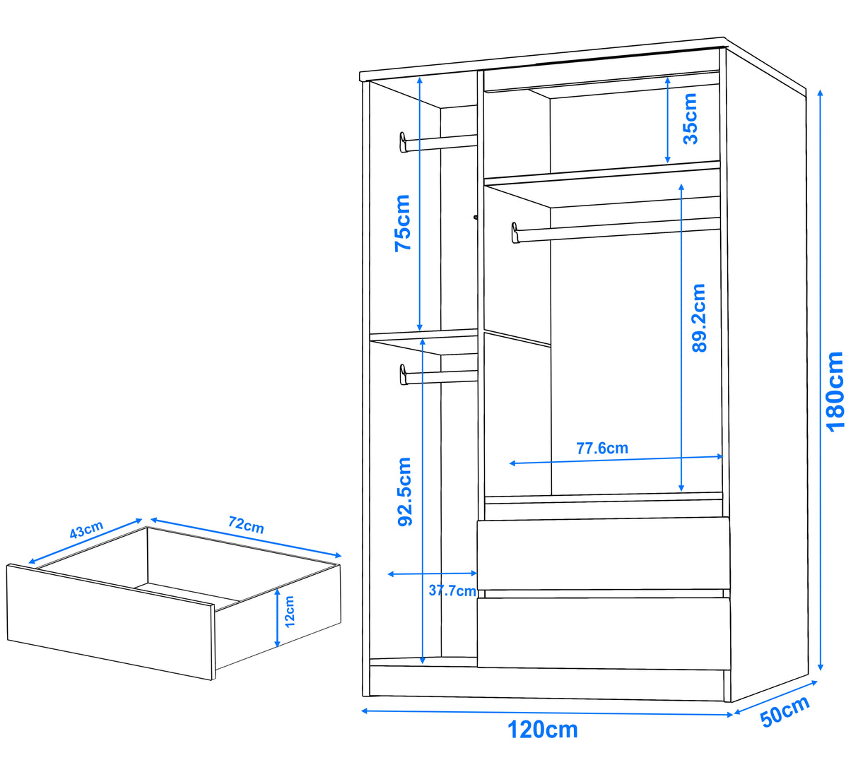 Detailed measurements of grey high gloss 3 door wardrobe with drawers and shelves, ideal for planning bedroom layouts.