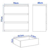[Grey] 3-drawer chest of drawers size guide: H 77 x W 70 x D 40 cm; drawer H 14 x W 63.3 x D 31.9 cm.