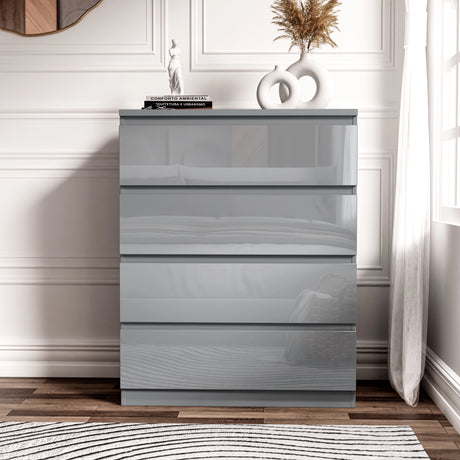Grey high gloss 4 drawer chest from the bedroom set, ideal for storing folded clothes in a modern bedroom.