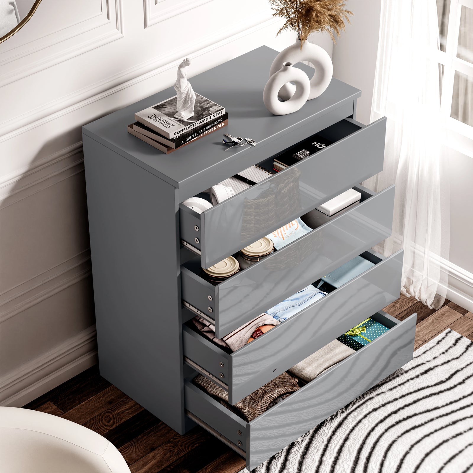 [Grey] Top-down view of grey high gloss 4 drawer chest with open drawers, showing organized clothing and accessories.