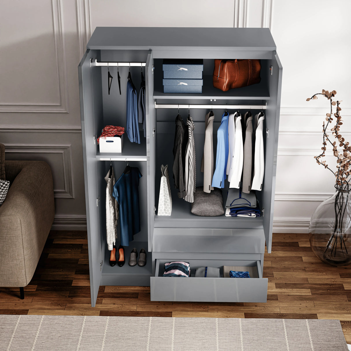 Interior of grey high gloss 3 door wardrobe with shelves and rails, offering functional storage in a modern bedroom.