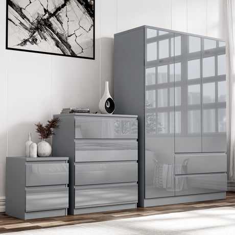 Grey high gloss 3 wardrobe bedroom set with 4 chest of drawers and nightstand, sleek and modern for stylish bedroom decor.