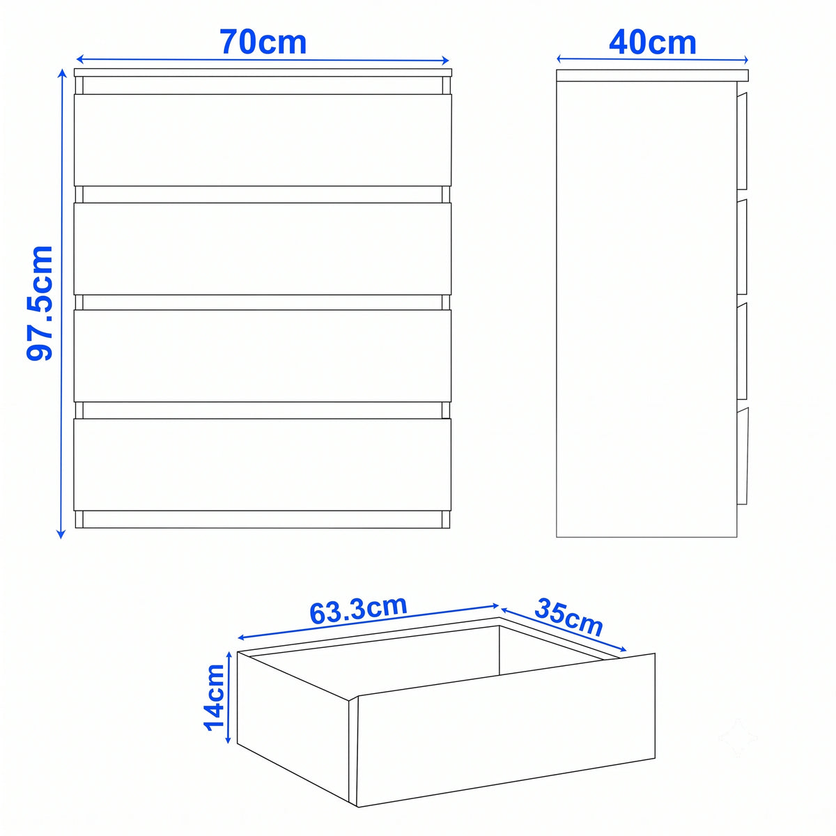 [Grey] 4-drawer chest of drawers size guide: H 97.5 x W 70 x D 40 cm; drawer H 14 x W 63.3 x D 35 cm.