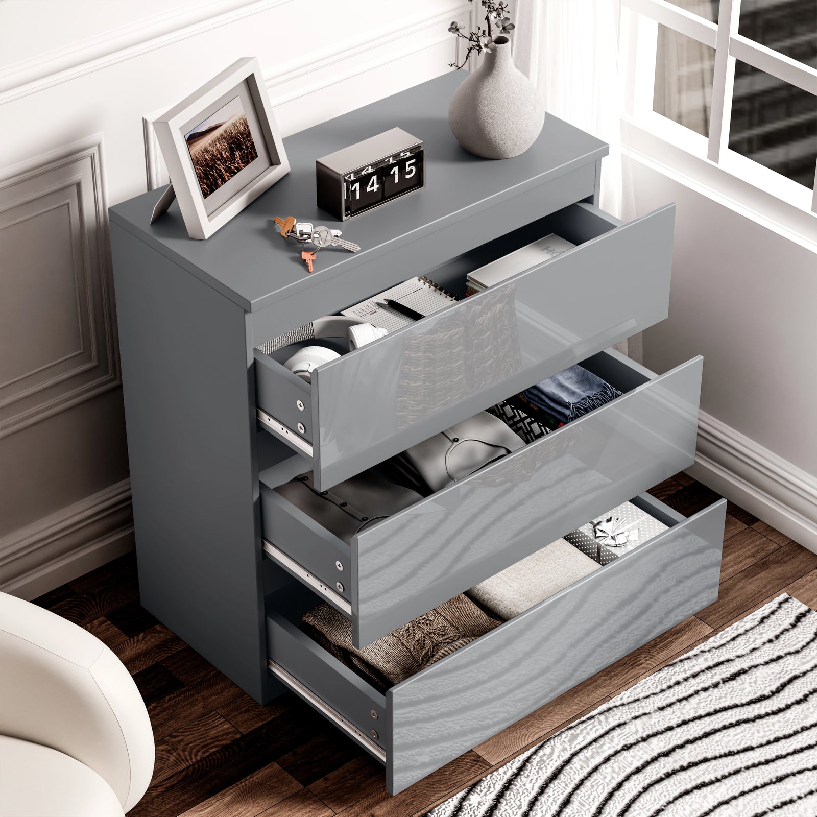 [Grey] Open grey high gloss chest of drawers from the High Gloss 4 Piece Bedroom Set, displaying organized clothing storage