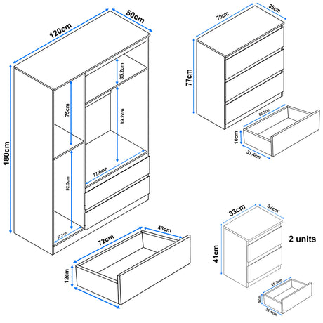 Dimensions diagram of High Gloss 4 Piece Bedroom Set including wardrobe, chest of drawers, and bedside tables for accurate fitting
