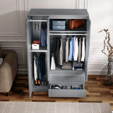 Interior view of grey high gloss 3 door wardrobe from the High Gloss 4 Piece Bedroom Set, showing hanging space and drawers