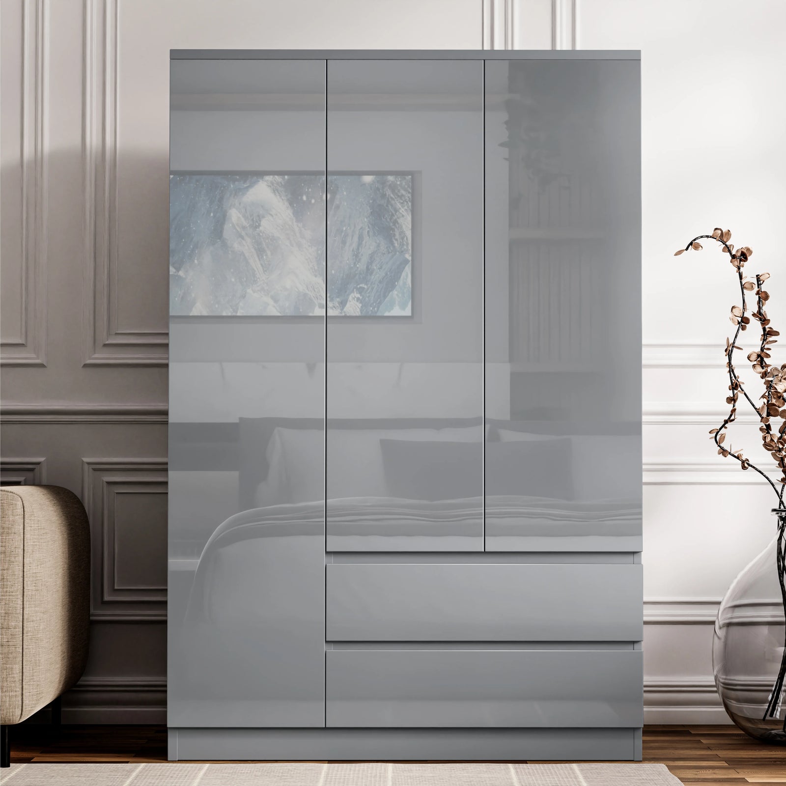 [Grey] high gloss grey 3 door wardrobe with two lower drawers, mirror-like fronts reflecting a marbled blue artwork