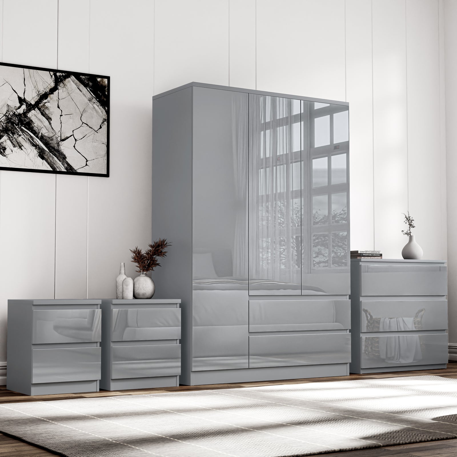 [Grey] high gloss grey 3 door wardrobe with grey 3 drawer chest and pair of 2 drawer bedsides on white panelled wall backdrop