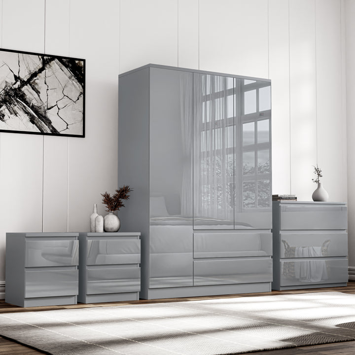 [Grey] high gloss grey 3 door wardrobe with grey 3 drawer chest and pair of 2 drawer bedsides on white panelled wall backdrop