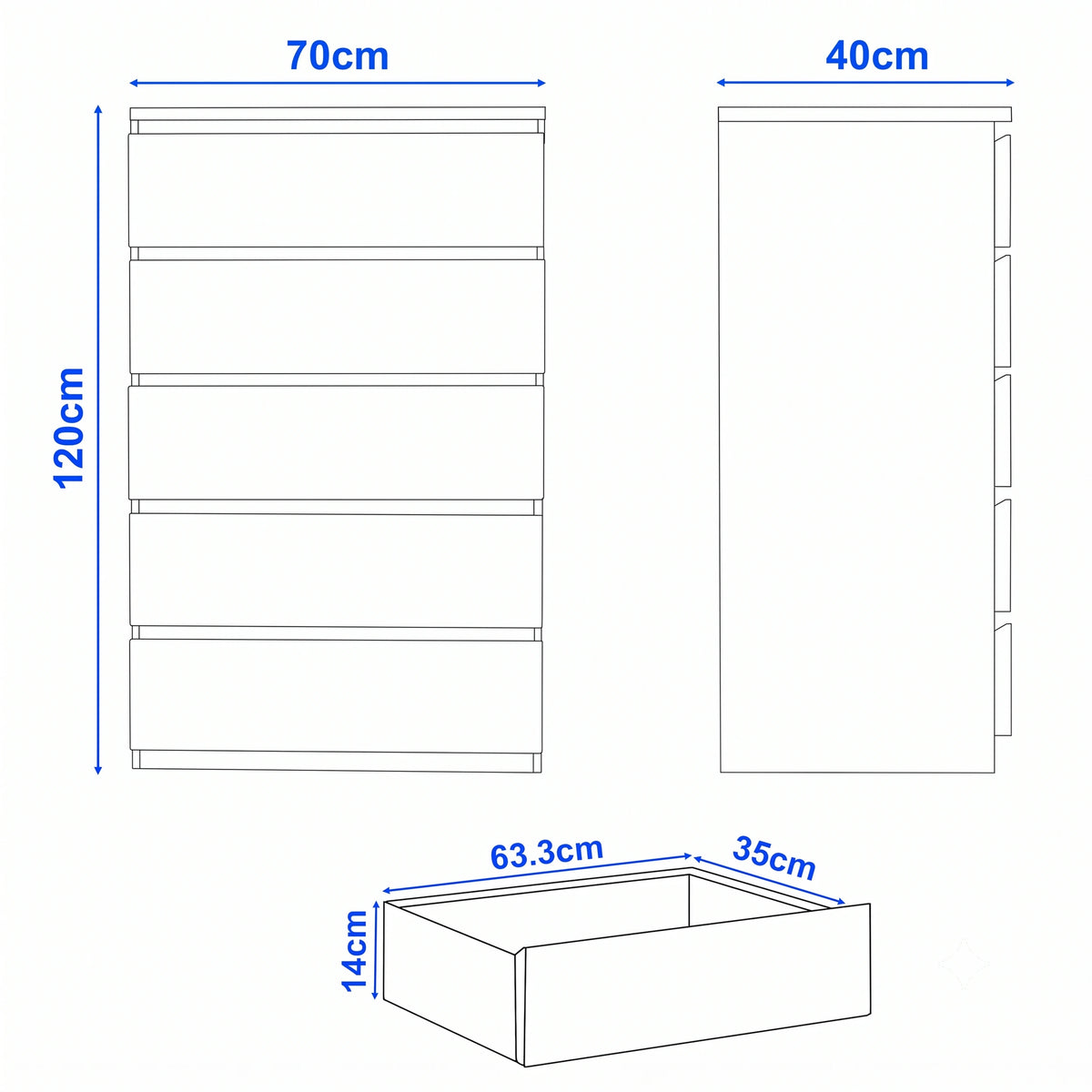 [Grey] 5-drawer chest of drawers size guide: H 120 x W 70 x D 40 cm; drawer H 14 x W 63.3 x D 35 cm.