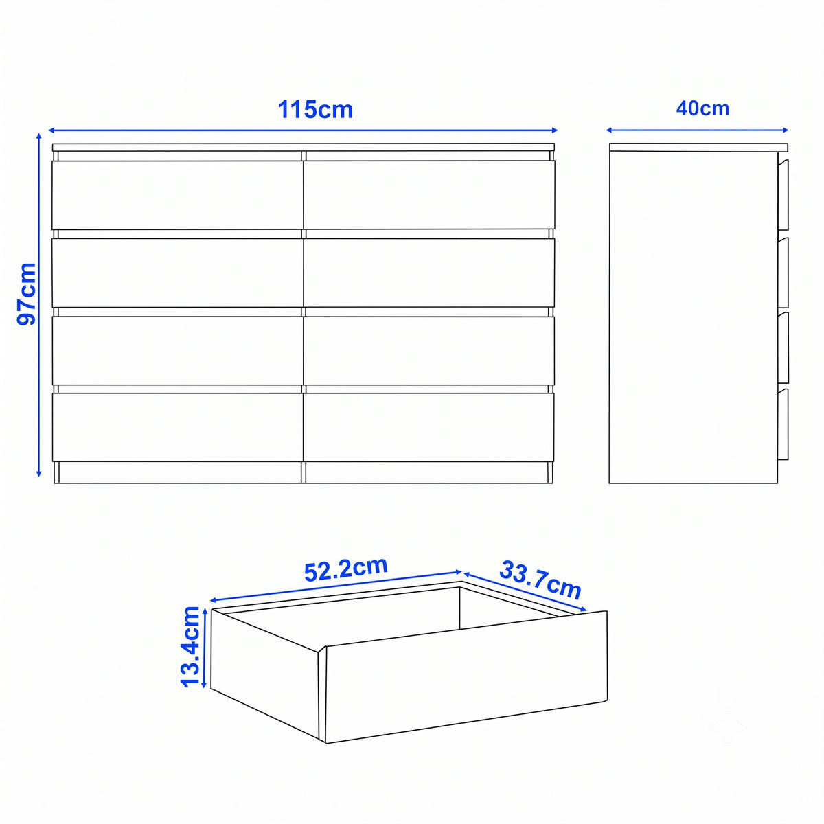 [Grey] 8-drawer chest of drawers size guide: H 97 x W 115 x D 40 cm; drawer H 13.4 x W 52.2 x D 33.7 cm.
