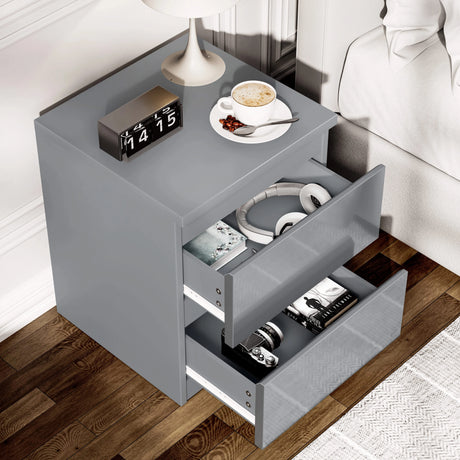 [Grey] 2 drawer nightstand top-down view with open drawers containing headphones and magazine
