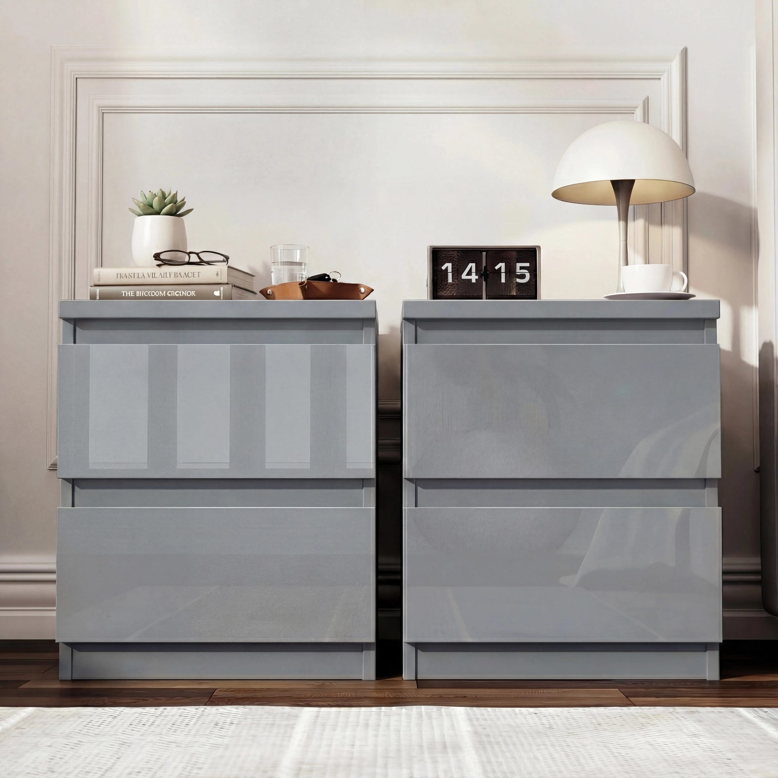 [Grey] pair of grey high gloss bedside tables with succulent books and tumbler on left clock and lamp on right