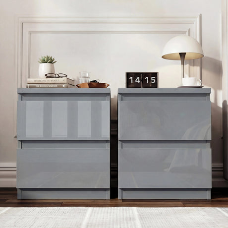 [Grey] high gloss bedside table set of 2 in bedroom with flip clock plant and sunglasses on top