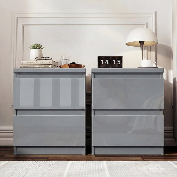 [Grey] pair of grey high gloss bedside tables with succulent books and tumbler on left clock and lamp on right