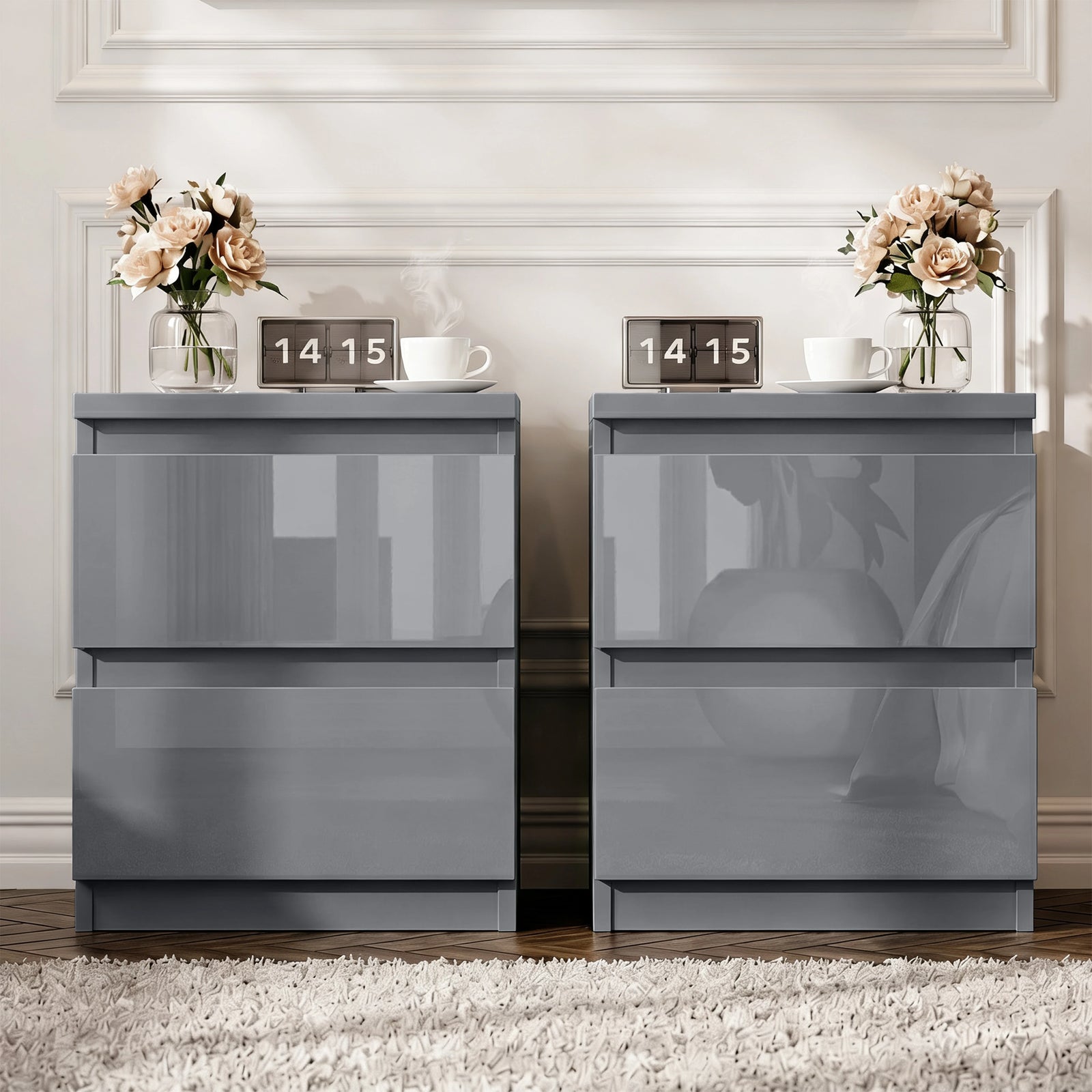 [Grey] pair of grey high gloss bedside tables with succulent books and tumbler on left clock and lamp on right
