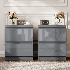 [Grey] pair of grey high gloss bedside tables with succulent books and tumbler on left clock and lamp on right